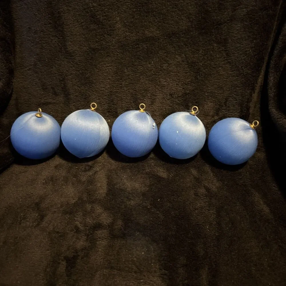 5 Vintage 60s Blue Satin Round Ball Christmas Ornaments Unbreakable